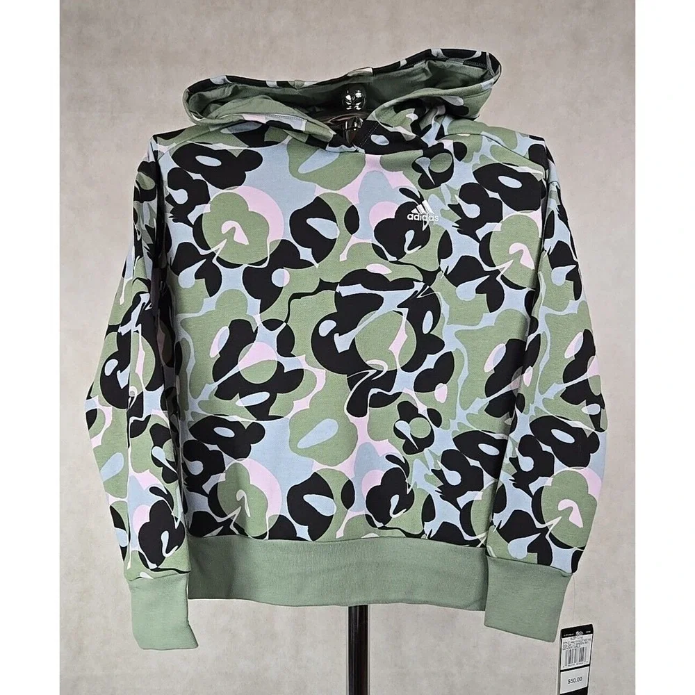 NWT Adidas Girl Hoodie Size Large 14 Pullover Hooded Sweatshirt Logo Green Black